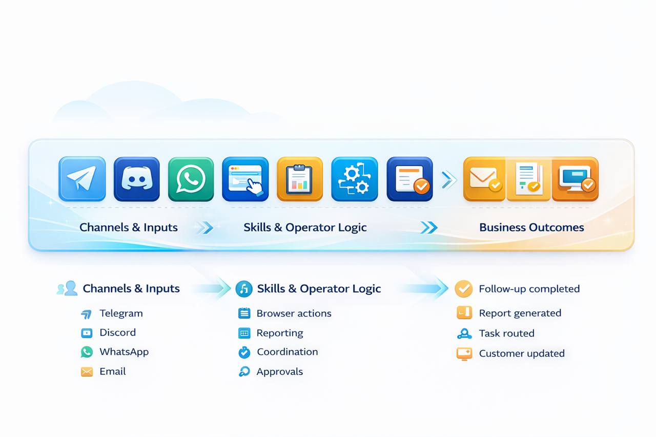 Diagram showing channels and inputs flowing into skills and operator logic, then into business outcomes.