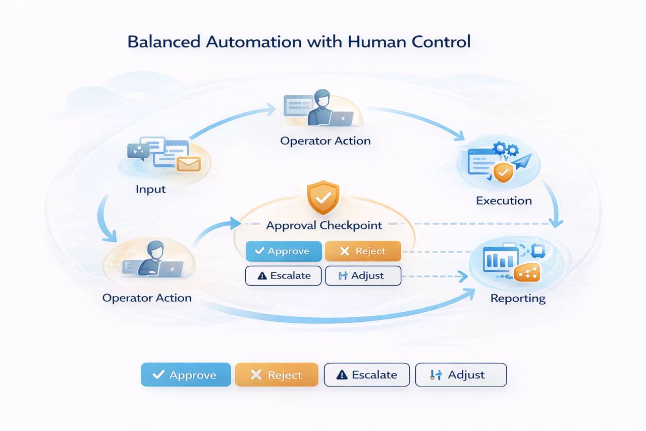 Diagram showing balanced automation with human control through approval checkpoints.